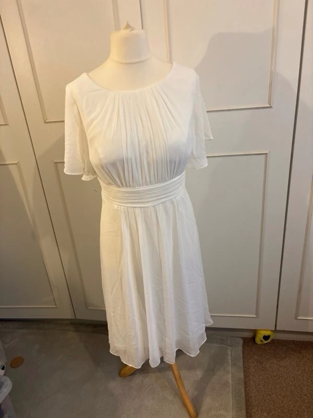 White Pleated Waist Midi Dress with Flutter Sleeves